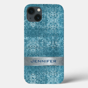 Aqua Blue Geometric Glitzer Muster Monogram iPhone 13 Hülle