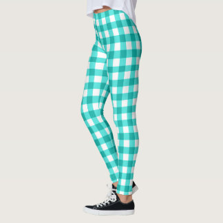 Aqua Blue Gingham und kariertes Muster Leggings