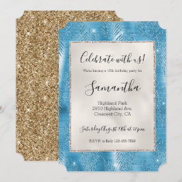 Aqua Blue Glam Glitzer Tropical Blätter Einladung