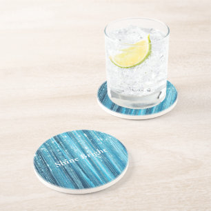 Aqua Blue Glam Tinsel Stripes Getränkeuntersetzer