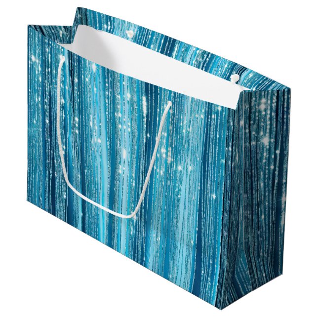 Aqua Blue Glam Tinsel Stripes Große Geschenktüte (Vorderseite Schrägansicht)