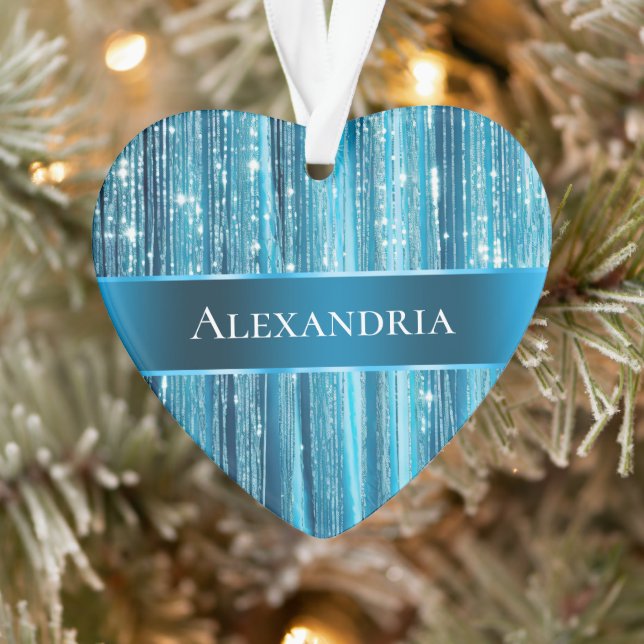 Aqua Blue Glam Tinsel Stripes Ornament (Baum)
