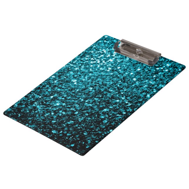 Aqua Blue glänzende Imitate Glitzer Glitzern Klemmbrett (Schrägansicht)