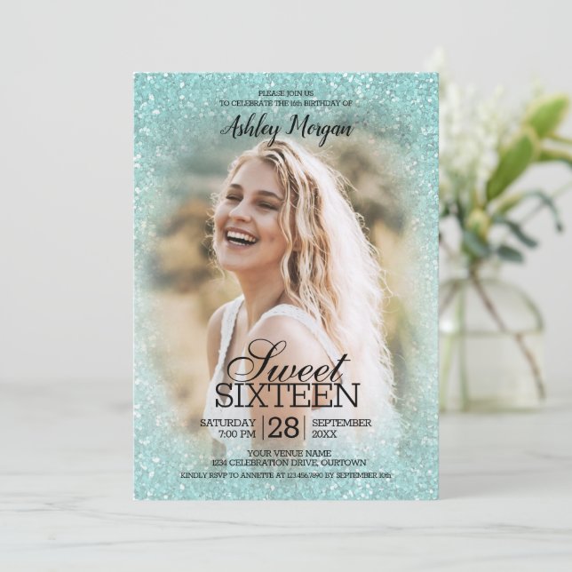 Aqua Blue Glitzer Foto Template Sweet 16 Party Einladung (Stehend Vorderseite)