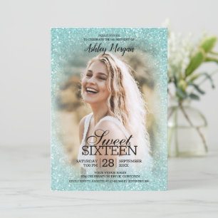 Aqua Blue Glitzer Foto Template Sweet 16 Party Einladung