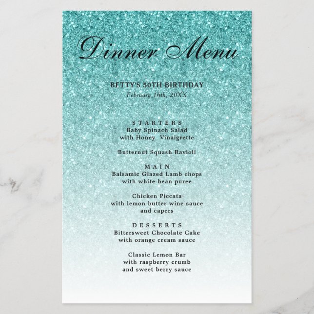 Aqua Blue Glitzer Glam Party Menu Flyer (Vorne)
