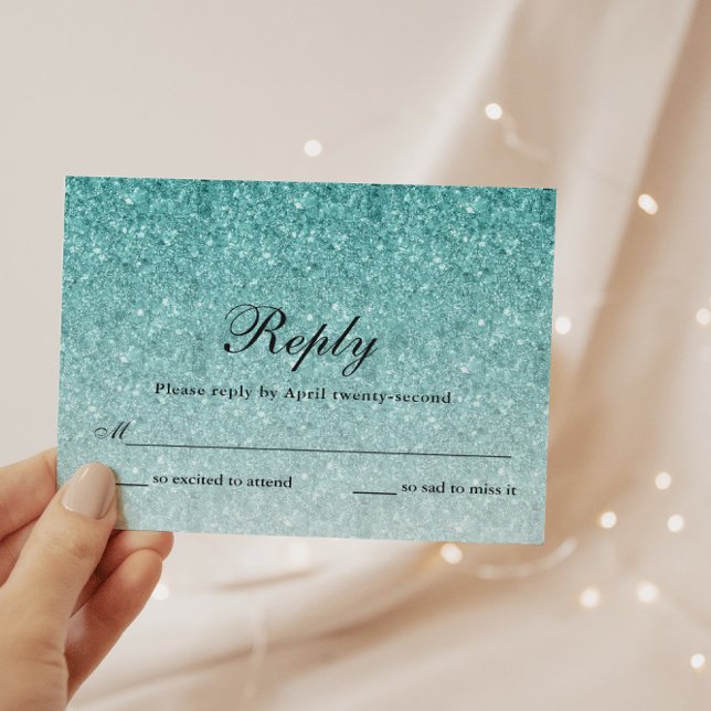 Aqua Blue Glitzer Glam Personalisierte Antwortkart RSVP Karte (Von Creator hochgeladen)