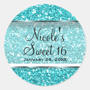 Aqua Blue Glitzer Glam Sweet 16 Custom Gastgeschen Runder Aufkleber