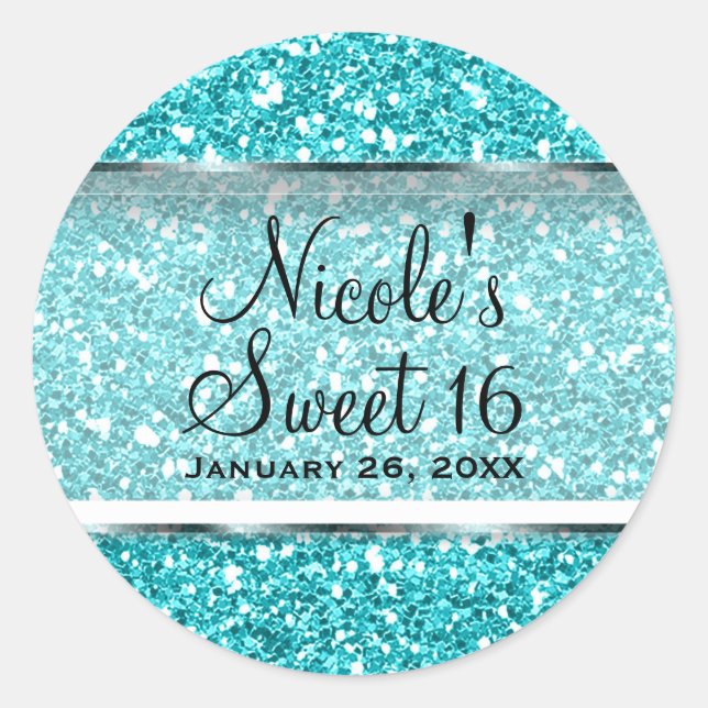 Aqua Blue Glitzer Glam Sweet 16 Custom Gastgeschen Runder Aufkleber (Vorderseite)