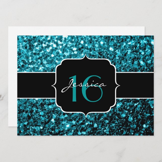 Aqua Blue Glitzer Glitzern Sweet 16 Einladung (Vorne/Hinten)