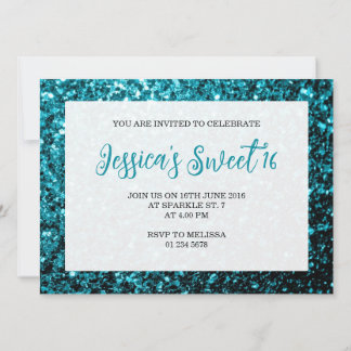 Aqua Blue Glitzer Glitzern Sweet 16 elegantes Dreh Einladung