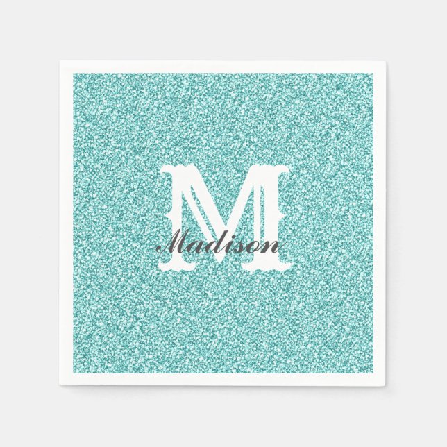 Aqua Blue Glitzer & Sparkle Monogram Napkin Serviette (Vorderseite)