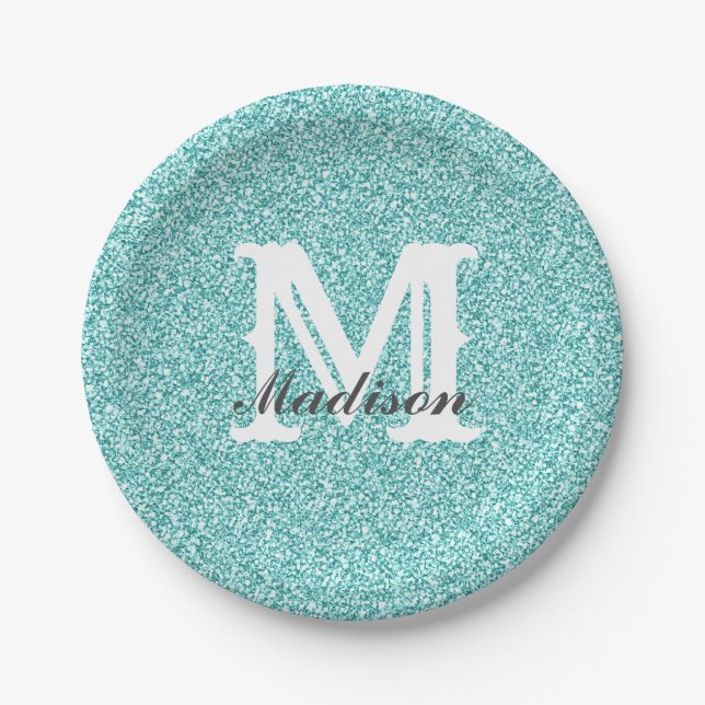 Aqua Blue Glitzer & Sparkle Monogram Paper Plate Pappteller (Vorderseite)