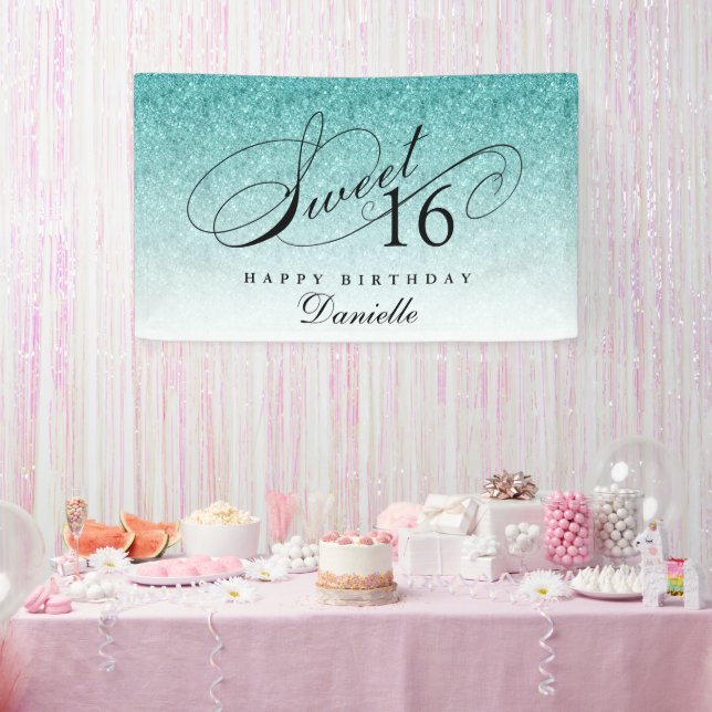 Aqua Blue Glitzer Sweet 16 Personalisiert Geburtst Banner (Party)