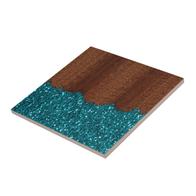 Aqua Blue Glitzern Glitzer rustikales braunes Holz Fliese (Seite)
