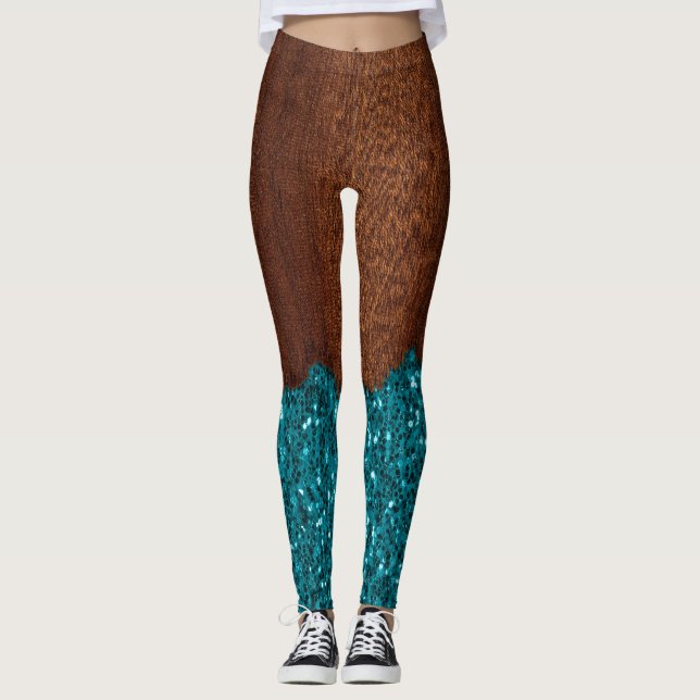 Aqua Blue Glitzern Glitzer rustikales braunes Holz Leggings (Vorderseite)