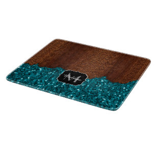 Aqua Blue Glitzern Glitzer rustikales Holz Monogra Schneidebrett