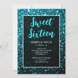 Aqua Blue Glitzern Sweet 16 elegante Schrift Einladung
