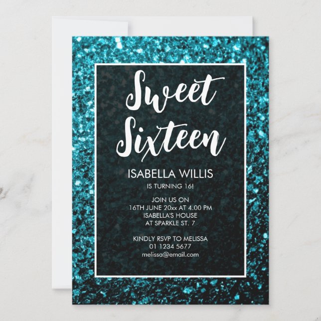 Aqua Blue Glitzern Sweet 16 elegante Schrift Einladung (Vorderseite)