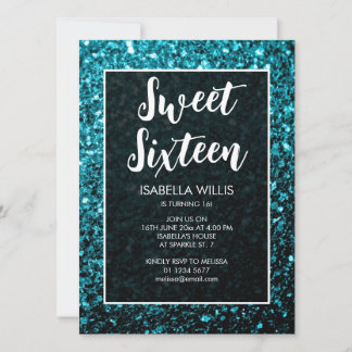 Aqua Blue Glitzern Sweet 16 elegante Schrift Einladung
