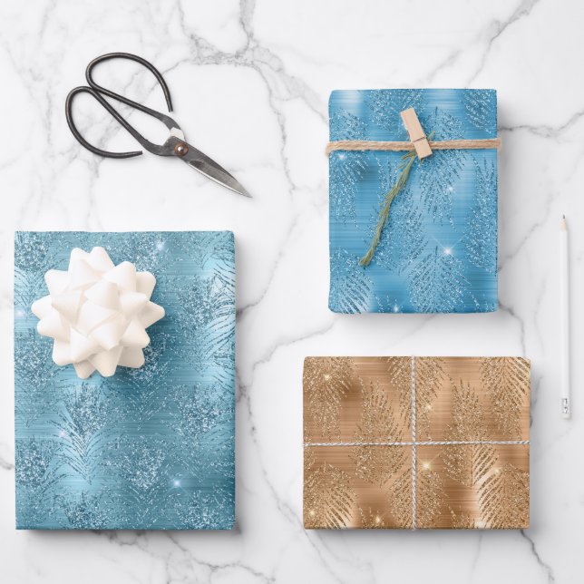 Aqua Blue Glitzy Glitzer Peacock Feathers Geschenkpapier Set (Vorderseite)