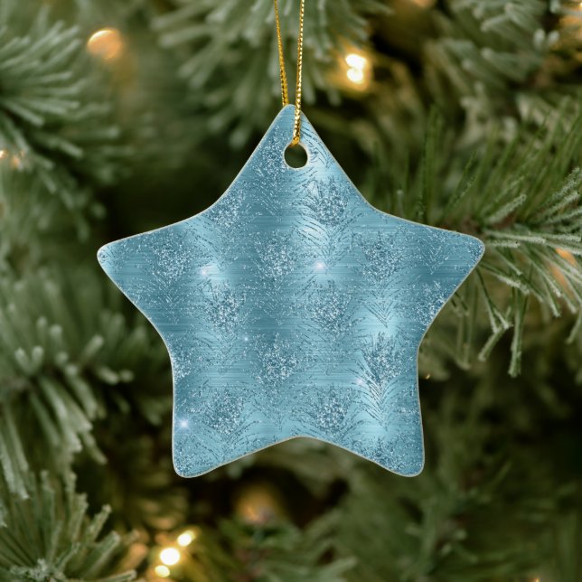 Aqua Blue Glitzy Glitzer Peacock Feathers Keramik Ornament (Baum)