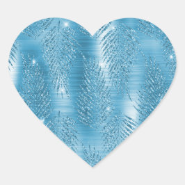 Aqua Blue Glitzy Glitzer Tropische Blätter Herz-Aufkleber