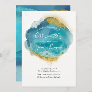 Aqua Blue & Gold Beach Wedding Einladung