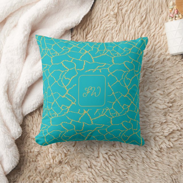 Aqua Blue Gold Chic Crackle Pattern Kissen (Decke)