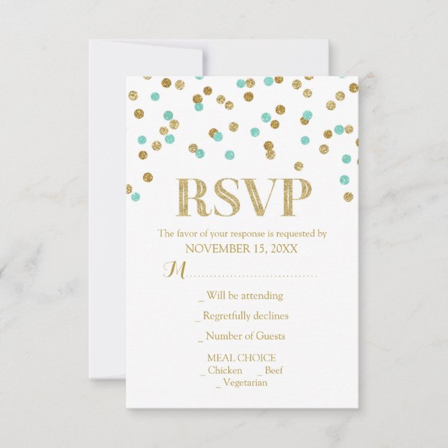Aqua Blue Gold Confetti Wedding RSVP Cards Karte (Vorderseite)