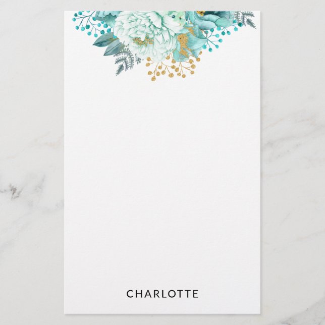Aqua Blue Gold Floral Personalisiert Stationery Briefpapier (Vorderseite)