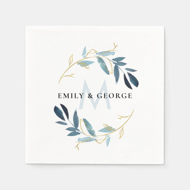 AQUA BLUE GOLD FOLIAGE WREATH MONOGRAM WEDD SERVIETTE (Vorderseite)