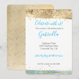 Aqua Blue Gold Glitzer Confetti Animal Print Einladung