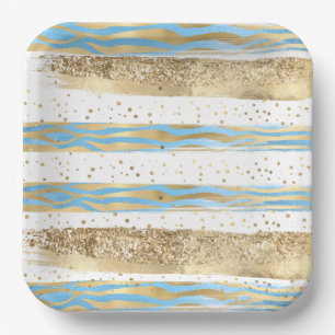 Aqua Blue Gold Glitzer Confetti Zebra Pappteller