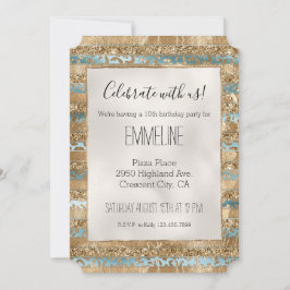Aqua Blue Gold Glitzer Leopard Druckstreifen Einladung