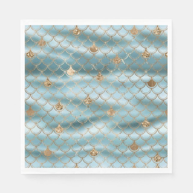 Aqua Blue Gold Glitzer Mermaid Serviette (Vorderseite)