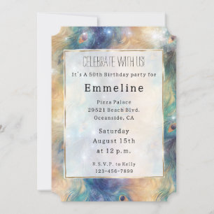 Aqua Blue Gold Peacock Feathers 50. Geburtstag Einladung