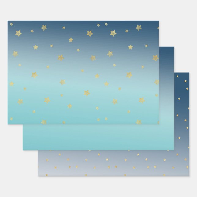 Aqua Blue Gold Stars Geschenkpapier Set (Set)
