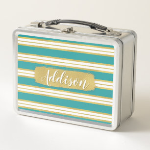 Aqua Blue Gold Streifen Muster Individuelle Name Metall Lunch Box