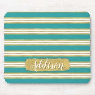 Aqua Blue Gold Streifen Muster Individuelle Name Mousepad
