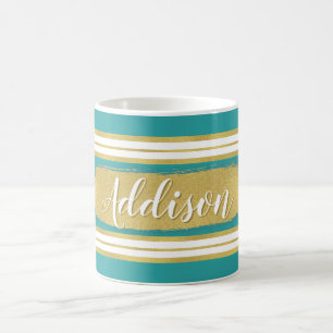 Aqua Blue Gold Streifen Muster Individuelle Name Tasse
