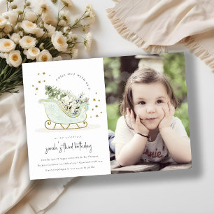 Aqua Blue Golden Winter Schlitten Foto Einladung