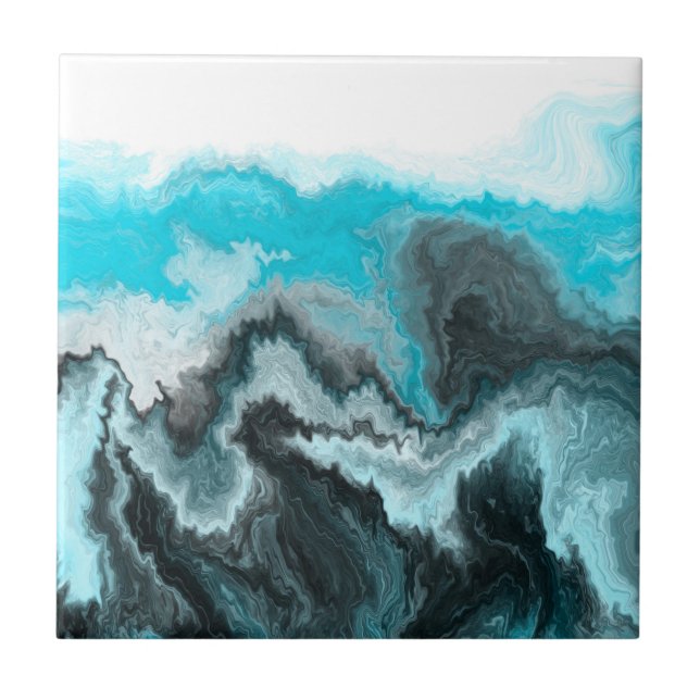 Aqua Blue Grau and Black Waves Abstrakt Moderne Ku Fliese (Vorderseite)