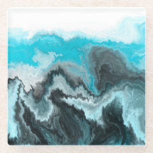 Aqua Blue Grau and Black Waves Abstrakt Moderne Ku Glasuntersetzer