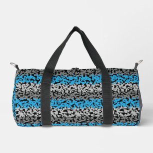 Aqua Blue Graue schwarze, pixelförmige Streifen Duffle Bag