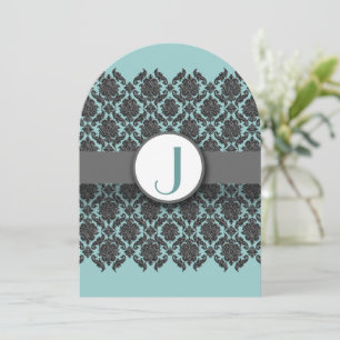 Aqua Blue Gray Bevel Damask Hochzeit Einladung