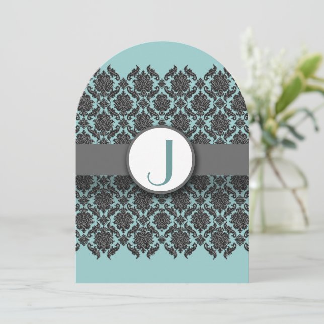 Aqua Blue Gray Bevel Damask Hochzeit Einladung (Stehend Vorderseite)
