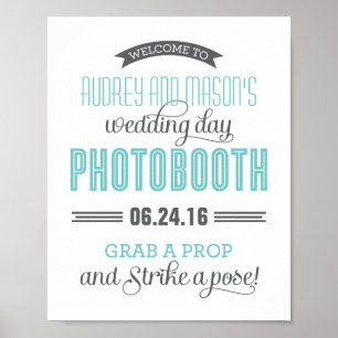 Aqua Blue Gray Custom Wedding Foto Booth Sign Poster