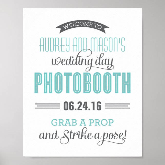 Aqua Blue Gray Custom Wedding Foto Booth Sign Poster (Vorne)