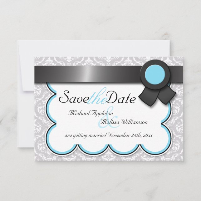 Aqua Blue & Gray Damask Ankündigung Datum freihalt (Vorderseite)